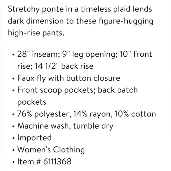 NWT Liverpool Jeans Stretch Plaid Ponte Pants Womens Size 6 Petite - Picture 8 of 12